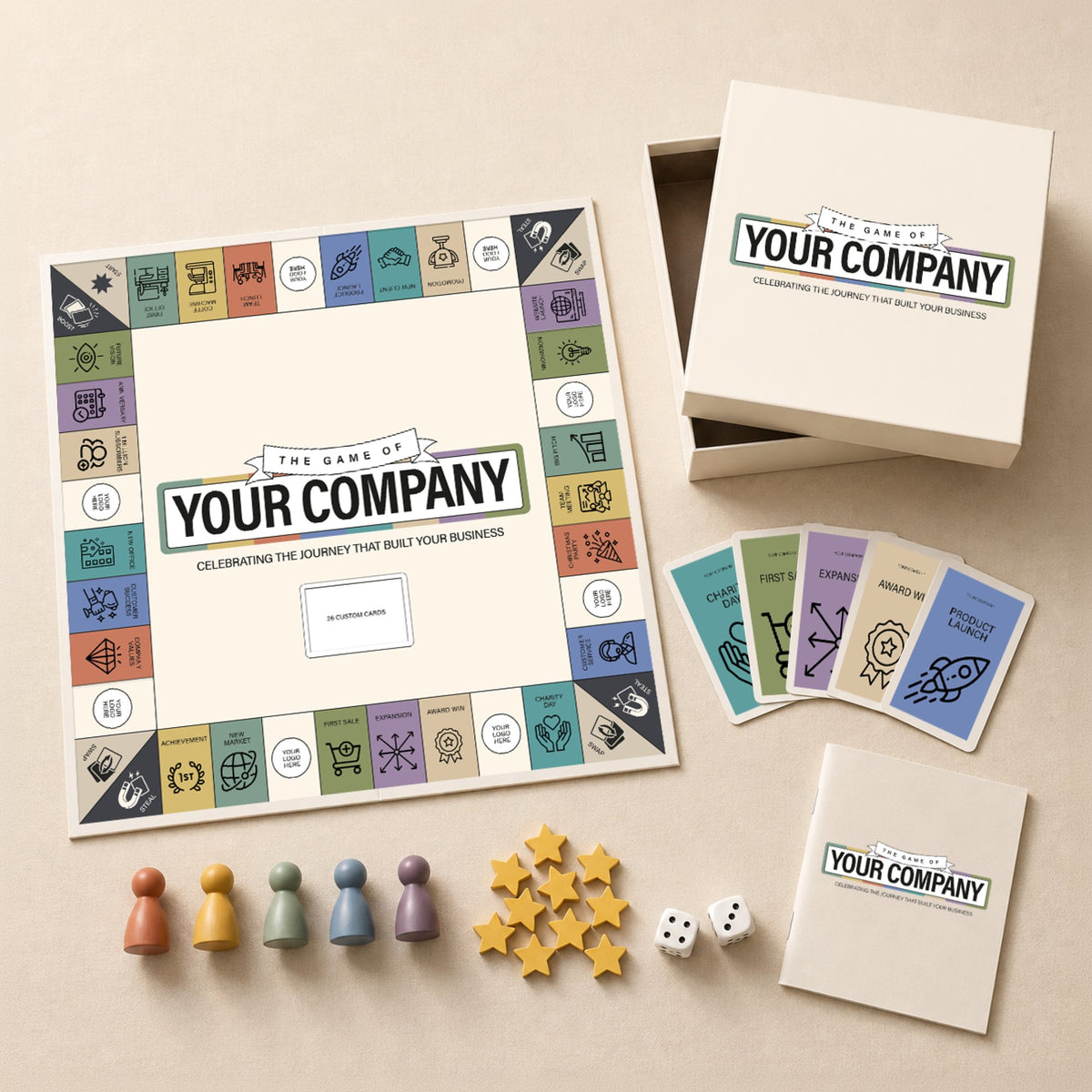 Custom corporate board game with your company branding, box and pieces on a cream background
